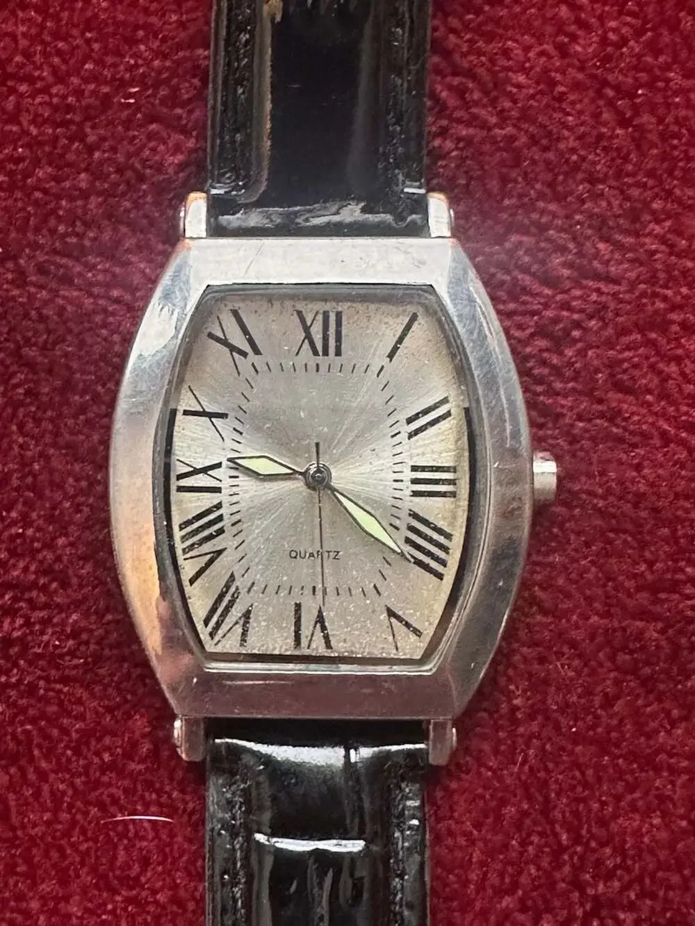 SKC Tonneau Case Quartz Watch with Roman Numerals and Black Faux Leather Strap